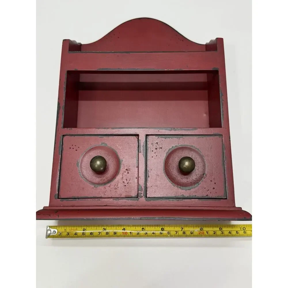 Vintage Red Wall Hanging Wooden Double Drawer Mini Cabinet Shelf Farmhouse Decor